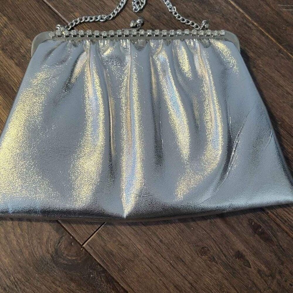 1970s Metalic Silver Clutch Purse With Rhinestone Bag